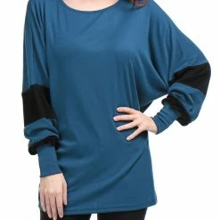 Women Allegra K Color Block Batwing Sleeves Oversize Tunic Top