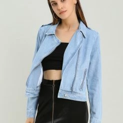 Women Allegra K Revere Collar Washed Denim Jacket With Zip Decors