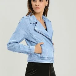 Women Allegra K Revere Collar Washed Denim Jacket With Zip Decors