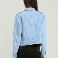 Women Allegra K Revere Collar Washed Denim Jacket With Zip Decors