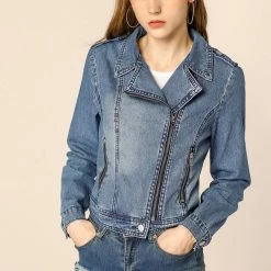 Women Allegra K Revere Collar Washed Denim Jacket With Zip Decors