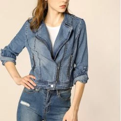 Women Allegra K Revere Collar Washed Denim Jacket With Zip Decors