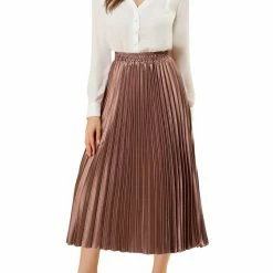 Allegra K Skirts Women's Elastic Waist Party Metallic Shiny Accordion Pleated Midi Skirt