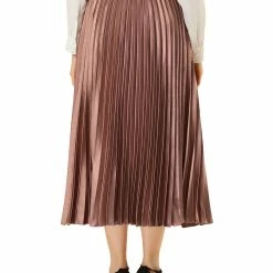 Allegra K Skirts Women's Elastic Waist Party Metallic Shiny Accordion Pleated Midi Skirt