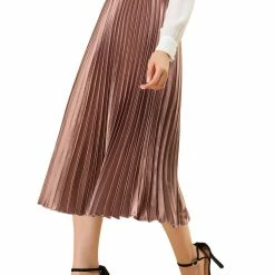Allegra K Skirts Women's Elastic Waist Party Metallic Shiny Accordion Pleated Midi Skirt
