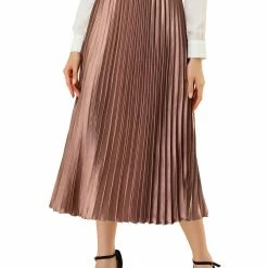 Allegra K Skirts Women's Elastic Waist Party Metallic Shiny Accordion Pleated Midi Skirt