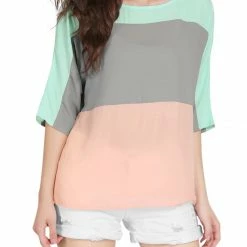 Allegra K Color Block Batwing Sleeves Chiffon Loose Tunic Blouse Women