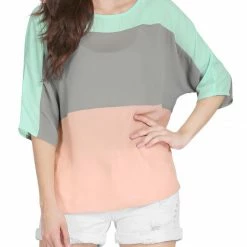 Allegra K Color Block Batwing Sleeves Chiffon Loose Tunic Blouse Women
