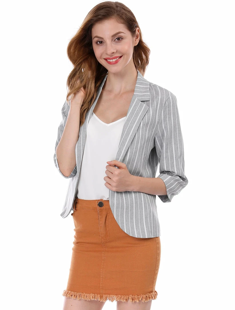 Allegra K Striped 3/4 Sleeves Open Front Notched Lapel Blazer Women 34 Allegra K Striped 3/4 Sleeves Open Front Notched Lapel Blazer Women