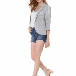 Allegra K Striped 3/4 Sleeves Open Front Notched Lapel Blazer Women 91 Allegra K Striped 3/4 Sleeves Open Front Notched Lapel Blazer Women