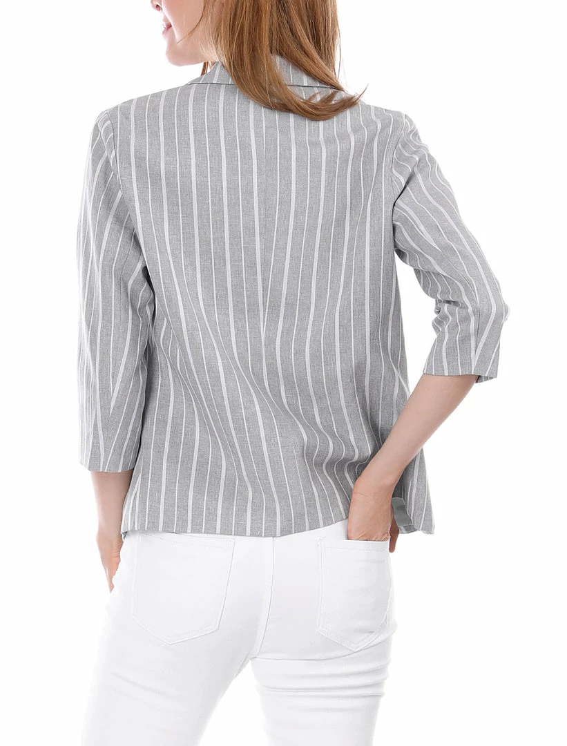 Allegra K Striped 3/4 Sleeves Open Front Notched Lapel Blazer Women 37 Allegra K Striped 3/4 Sleeves Open Front Notched Lapel Blazer Women