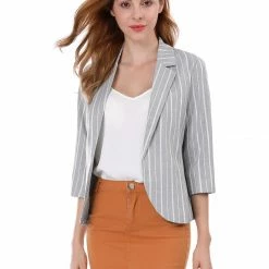 Allegra K Striped 3/4 Sleeves Open Front Notched Lapel Blazer Women 88 Allegra K Striped 3/4 Sleeves Open Front Notched Lapel Blazer Women