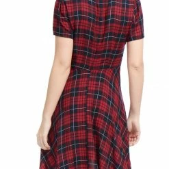 Allegra K Women Plaids Contrast Peter Pan Collar Puff Sleeves Above Knee Dress