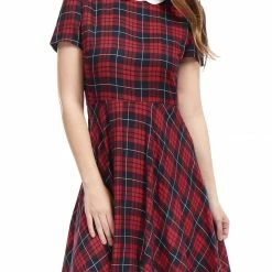 Allegra K Women Plaids Contrast Peter Pan Collar Puff Sleeves Above Knee Dress