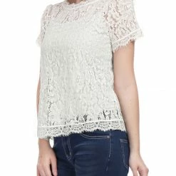 Women Allegra K Scalloped Trim Short Shirred Sleeves Sheer Floral Lace Top