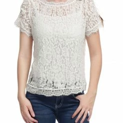 Women Allegra K Scalloped Trim Short Shirred Sleeves Sheer Floral Lace Top