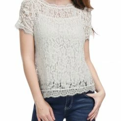 Women Allegra K Scalloped Trim Short Shirred Sleeves Sheer Floral Lace Top