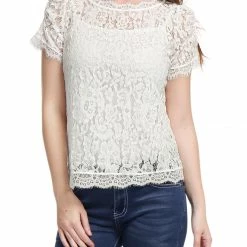 Women Allegra K Scalloped Trim Short Shirred Sleeves Sheer Floral Lace Top