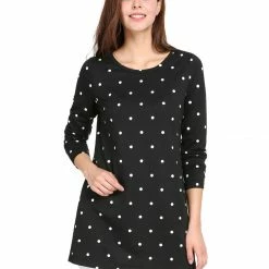 Allegra K Casual Round Neck Polka Dot Long Sleeves Top Women