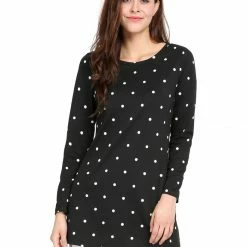 Allegra K Casual Round Neck Polka Dot Long Sleeves Top Women