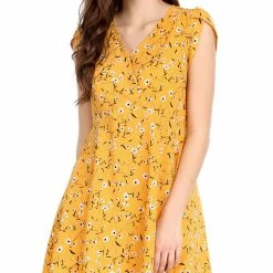 Allegra K Clothing Women Floral Crossover V Neck Petal Sleeves Flowy Dress With Belt