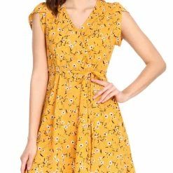 Allegra K Clothing Women Floral Crossover V Neck Petal Sleeves Flowy Dress With Belt
