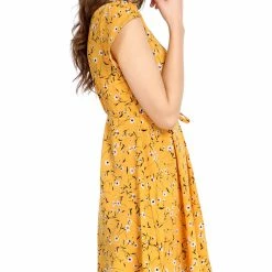 Allegra K Clothing Women Floral Crossover V Neck Petal Sleeves Flowy Dress With Belt
