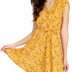 Allegra K Clothing Women Floral Crossover V Neck Petal Sleeves Flowy Dress With Belt