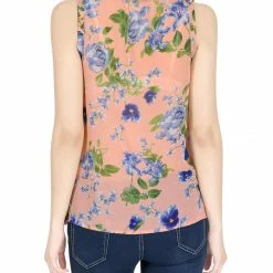 Allegra K Floral Prints Keyhole Chiffon Sleeveless Tank Top Women