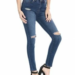 Allegra K Women's Mid Rise Washed Ripped Distressed Denim Skinny Jegging Jeans 26 Allegra K Women's Mid Rise Washed Ripped Distressed Denim Skinny Jegging Jeans