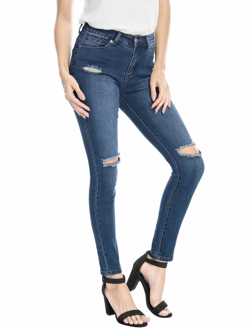 Allegra K Women's Mid Rise Washed Ripped Distressed Denim Skinny Jegging Jeans 6 Allegra K Women's Mid Rise Washed Ripped Distressed Denim Skinny Jegging Jeans