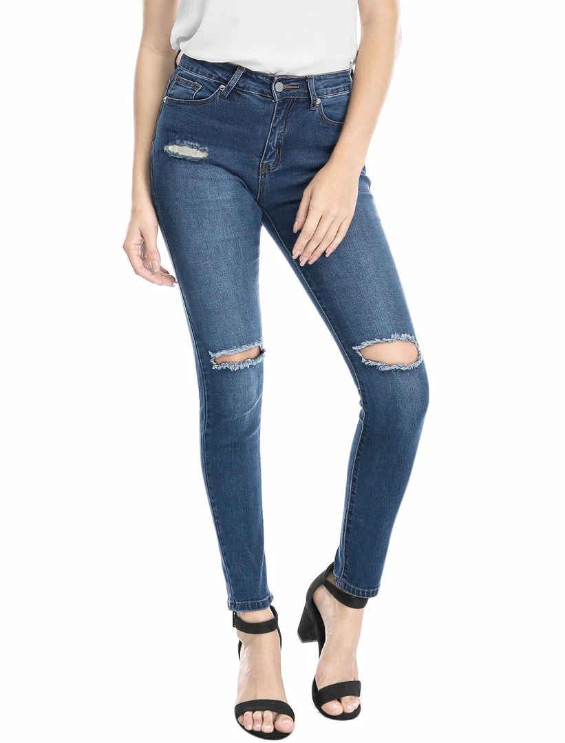 Allegra K Women's Mid Rise Washed Ripped Distressed Denim Skinny Jegging Jeans 8 Allegra K Women's Mid Rise Washed Ripped Distressed Denim Skinny Jegging Jeans