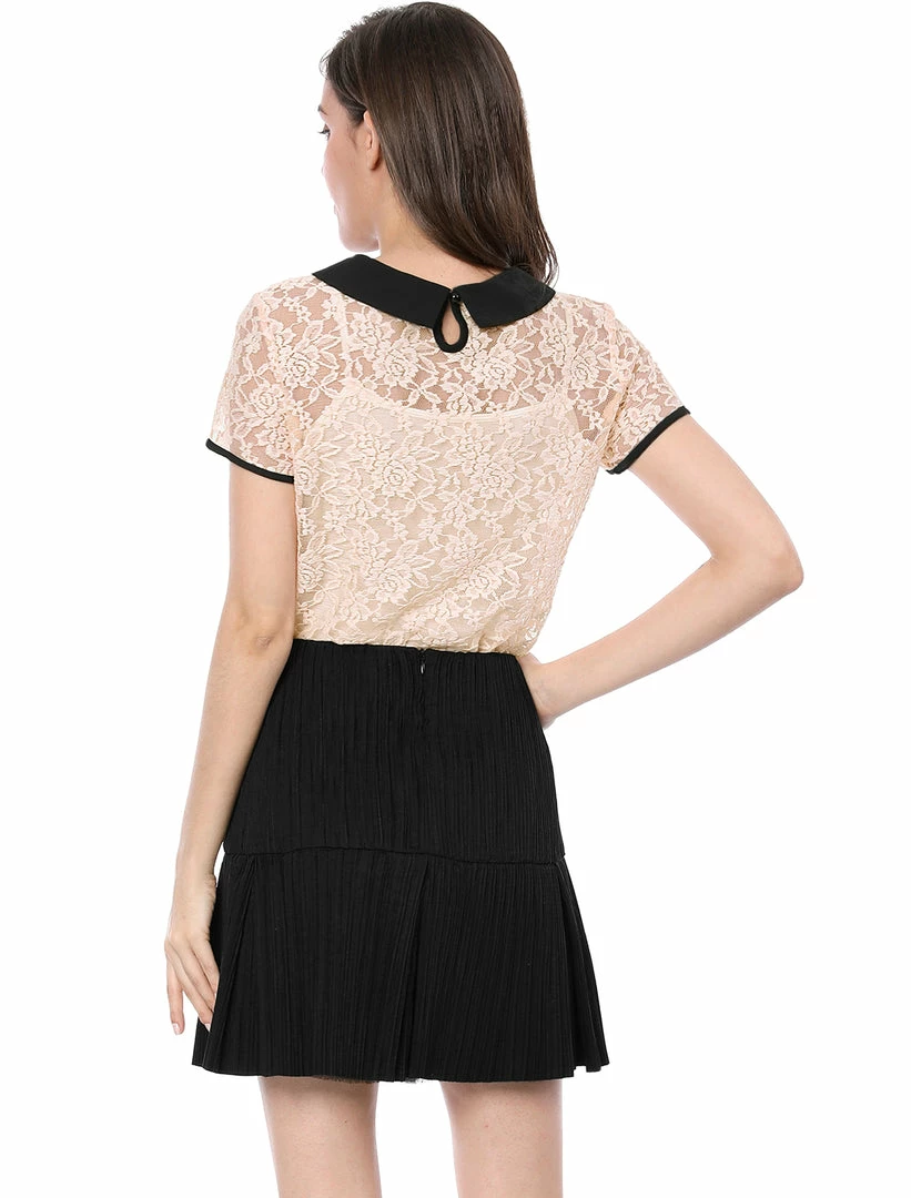 Allegra K Women's Contrast Doll Collar Short Sleeve Tops Sheer Lace Top 50 Allegra K Women's Contrast Doll Collar Short Sleeve Tops Sheer Lace Top