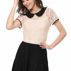 Allegra K Women's Contrast Doll Collar Short Sleeve Tops Sheer Lace Top 102 Allegra K Women's Contrast Doll Collar Short Sleeve Tops Sheer Lace Top
