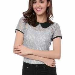 Allegra K Women's Contrast Doll Collar Short Sleeve Tops Sheer Lace Top 96 Allegra K Women's Contrast Doll Collar Short Sleeve Tops Sheer Lace Top