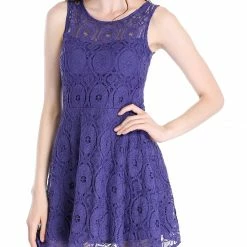 Allegra K Women's Floral Lace Sleeveless Semi Sheer Yoke Flare Mini Dress