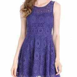 Allegra K Women's Floral Lace Sleeveless Semi Sheer Yoke Flare Mini Dress