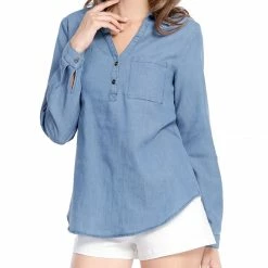 Allegra K V Neck Long Sleeves Point Collar Shirt With Pocket Women