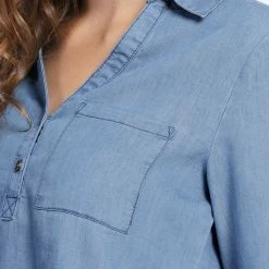 Allegra K V Neck Long Sleeves Point Collar Shirt With Pocket Women