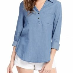 Allegra K V Neck Long Sleeves Point Collar Shirt With Pocket Women