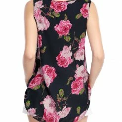 Allegra K Floral Prints Keyhole Chiffon Sleeveless Tank Top Women