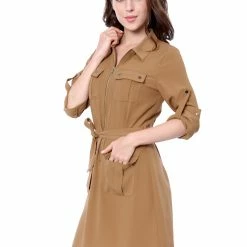 Allegra K Women's Roll Up Sleeves Multi-Pocket Knee Length Belted Shirt Dress