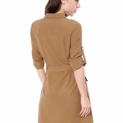Allegra K Women's Roll Up Sleeves Multi-Pocket Knee Length Belted Shirt Dress