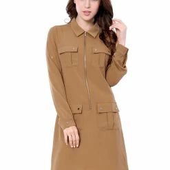 Allegra K Women's Roll Up Sleeves Multi-Pocket Knee Length Belted Shirt Dress