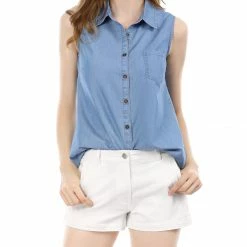 Women Allegra K Single Breasted Point Collar Sleeveless Shirt 76 Women Allegra K Single Breasted Point Collar Sleeveless Shirt