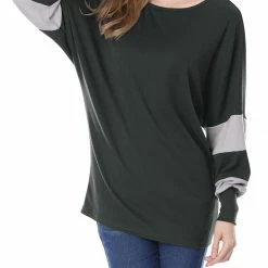 Women Allegra K Color Block Batwing Sleeves Oversize Tunic Top