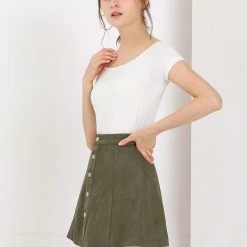 Allegra K Women's Faux Suede Single Breasted Front Button Mid Rise Mini A-Line Skirt