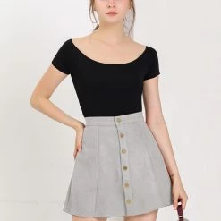 Allegra K Women's Faux Suede Single Breasted Front Button Mid Rise Mini A-Line Skirt