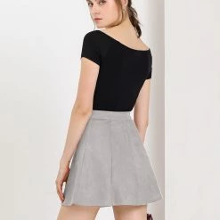 Allegra K Women's Faux Suede Single Breasted Front Button Mid Rise Mini A-Line Skirt