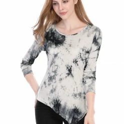 Allegra K Long Sleeves Round Neck Tie-Dye Handkerchief Hem Shirt Women 40 Allegra K Long Sleeves Round Neck Tie-Dye Handkerchief Hem Shirt Women
